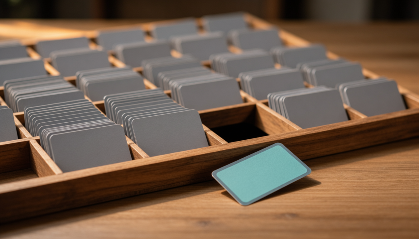 A sorting tray of blank unlabelled cards, one card lifted out and set apart from the rest