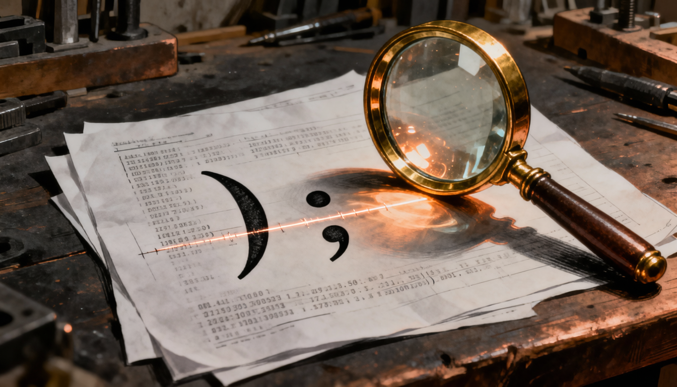 A messy workbench with a single small bracket sitting on top of a printed technical log, a magnifying glass behind it