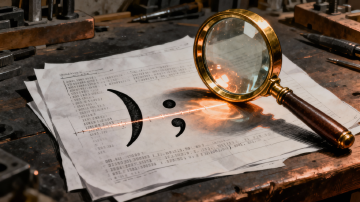 A messy workbench with a single small bracket sitting on top of a printed technical log, a magnifying glass behind it