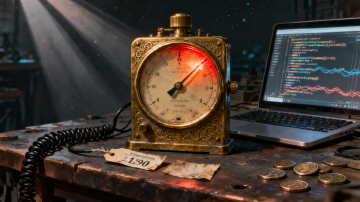 AI cost creep — a voltage meter on a dark workshop bench, needle climbing