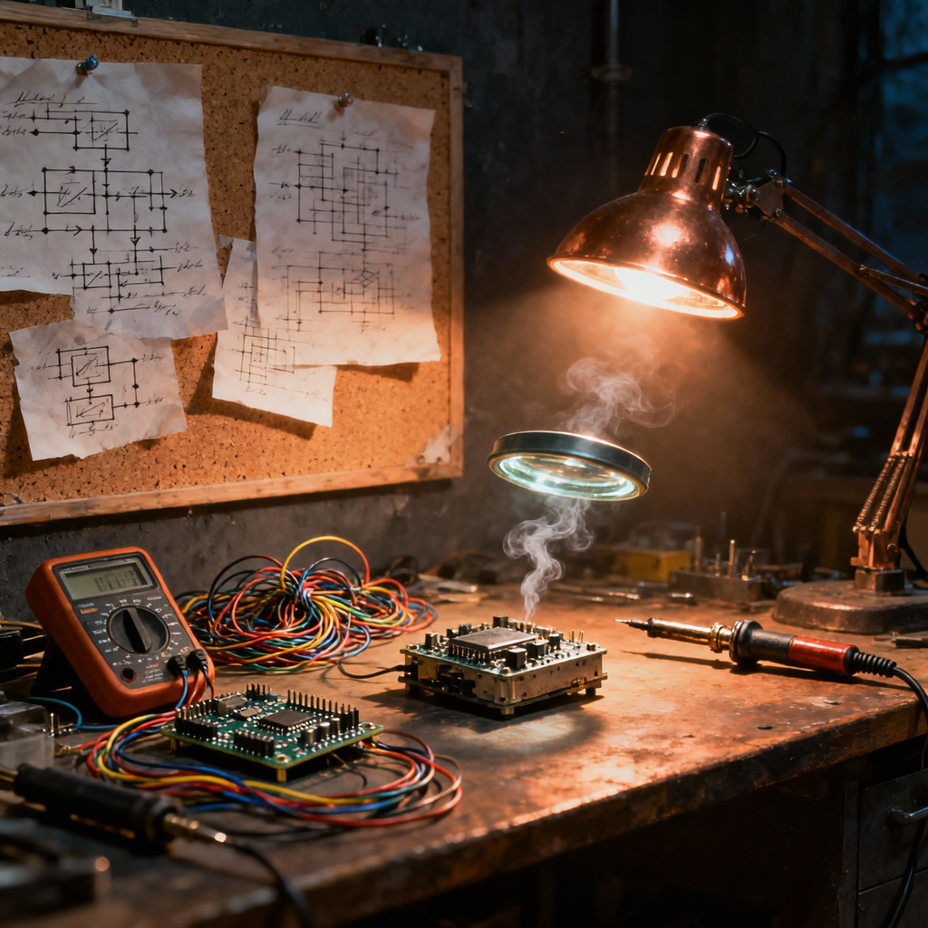 A single maker at a bench, assembling a physical device