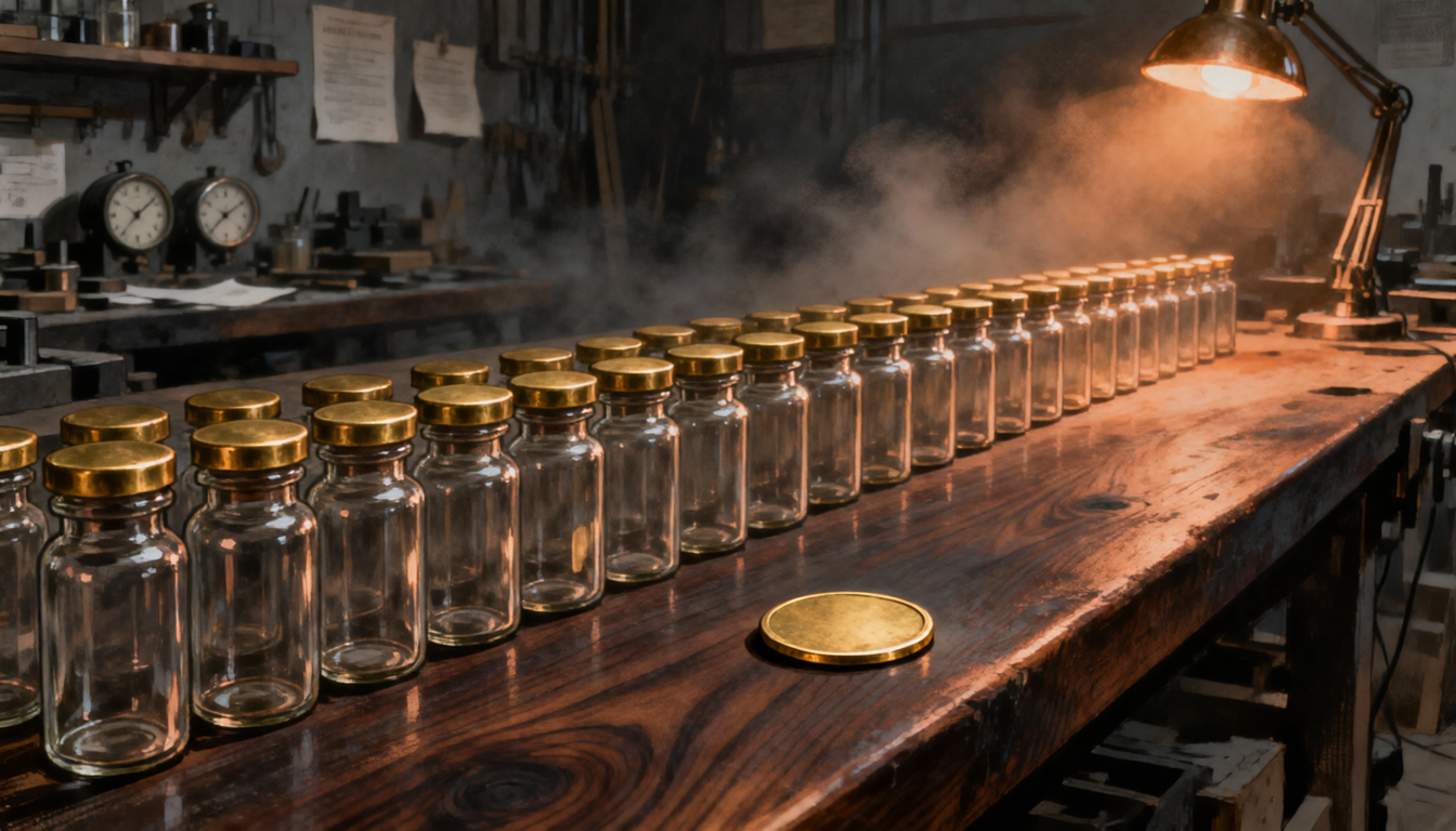 A long row of identical unmarked brass-capped vessels on a workbench, every one a copy of the next