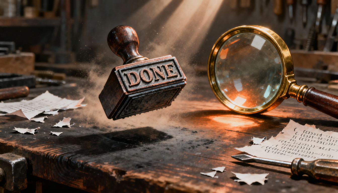 A rubber stamp saying 'DONE' held over a workbench, with a magnifying glass beside it