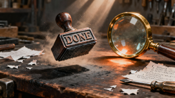 A rubber stamp saying 'DONE' held over a workbench, with a magnifying glass beside it