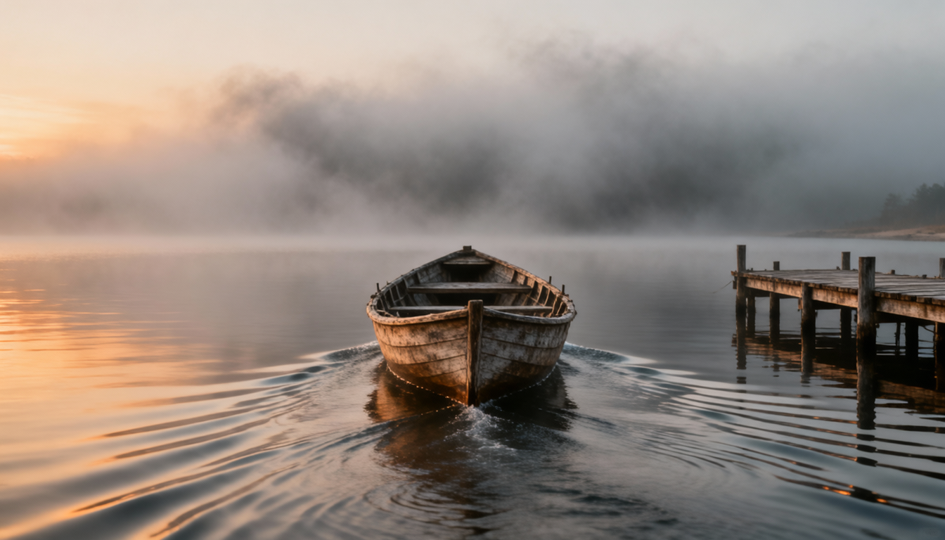 A ship launched from a dock into empty fog, no one on the shore