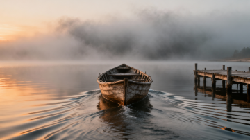 A ship launched from a dock into empty fog, no one on the shore