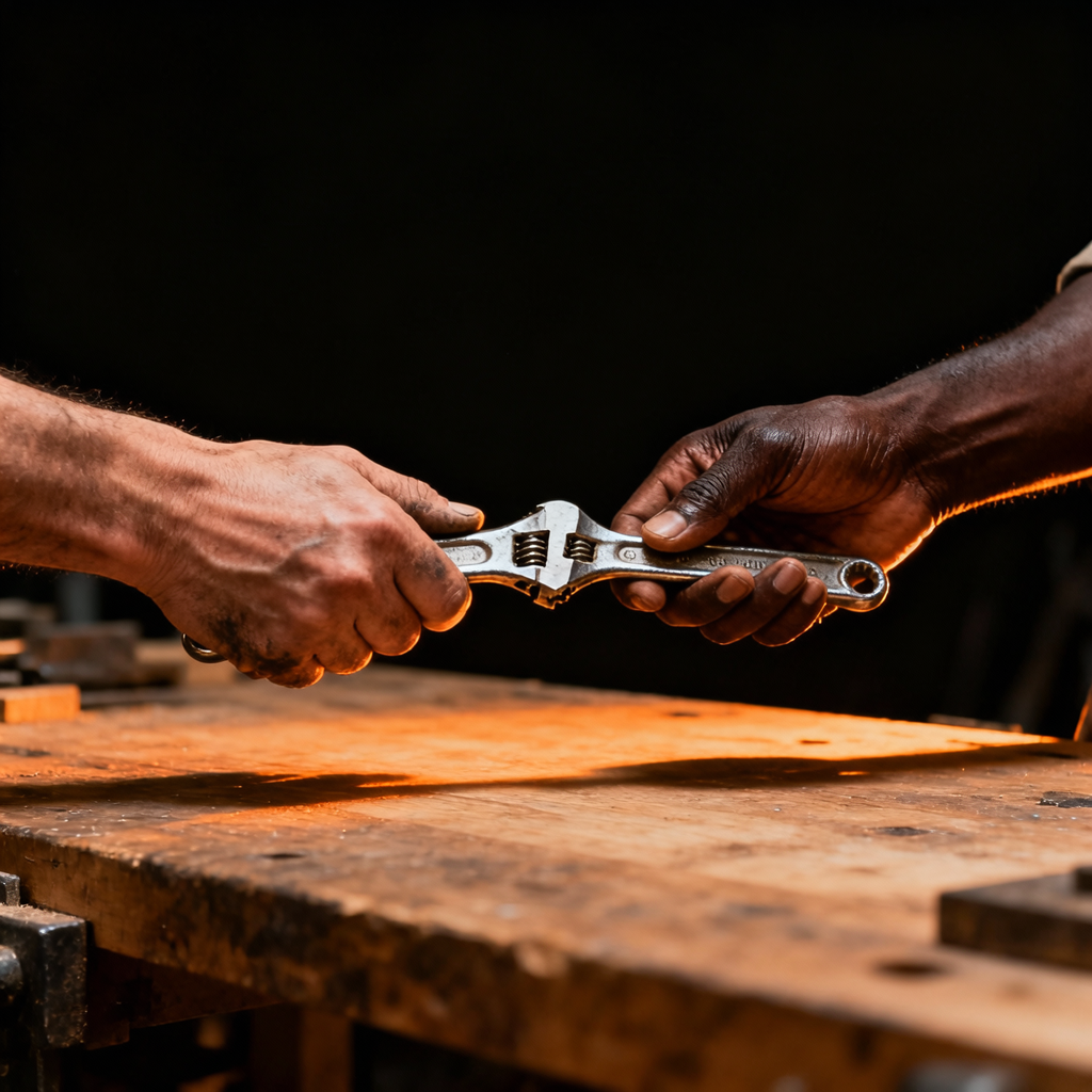 A single clean workbench with one tool handed off into open space, warm amber workshop light