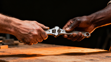 A single clean workbench with one tool handed off into open space, warm amber workshop light