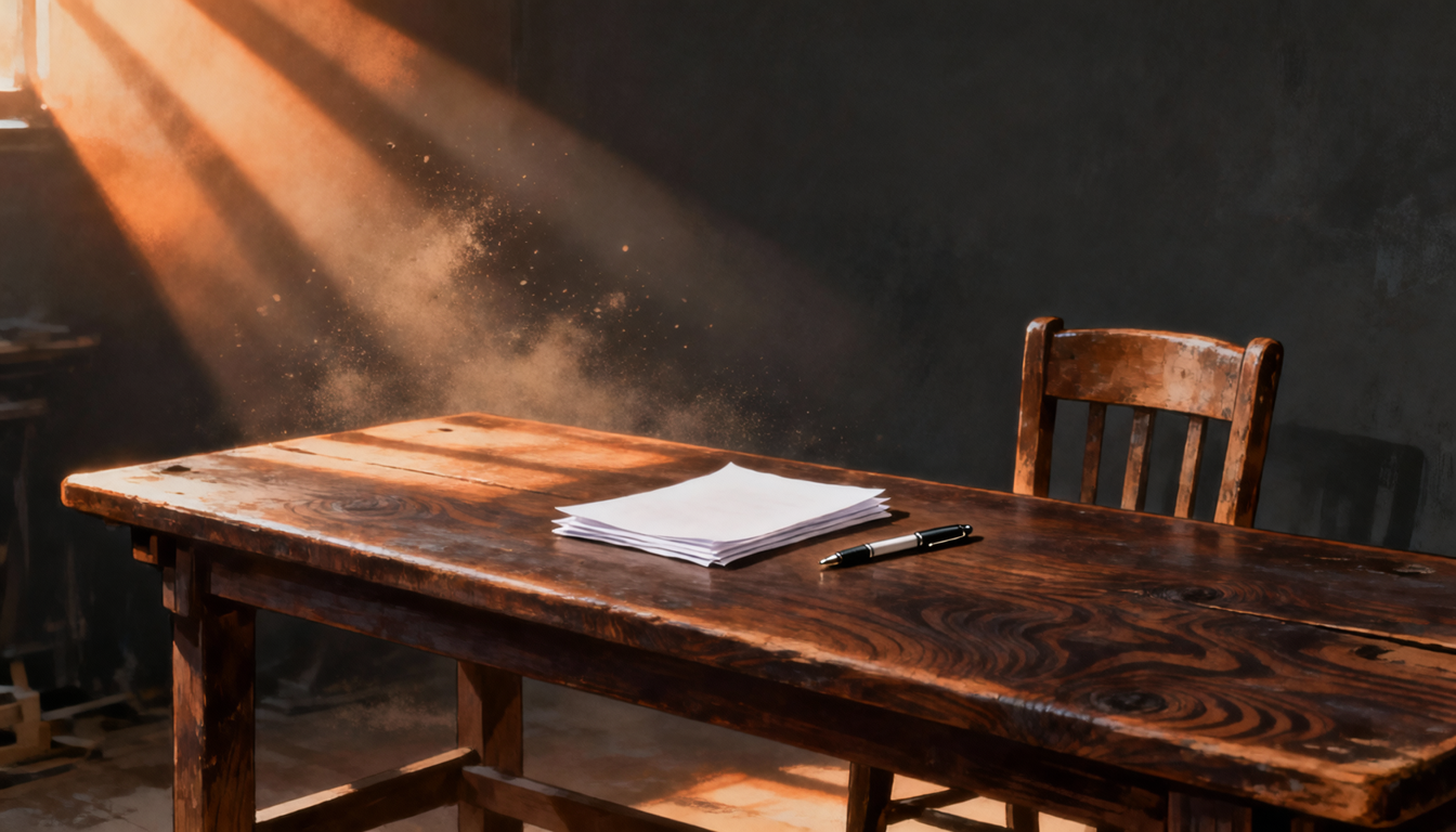 A single chair pulled up to a long empty workbench, the second seat not yet filled