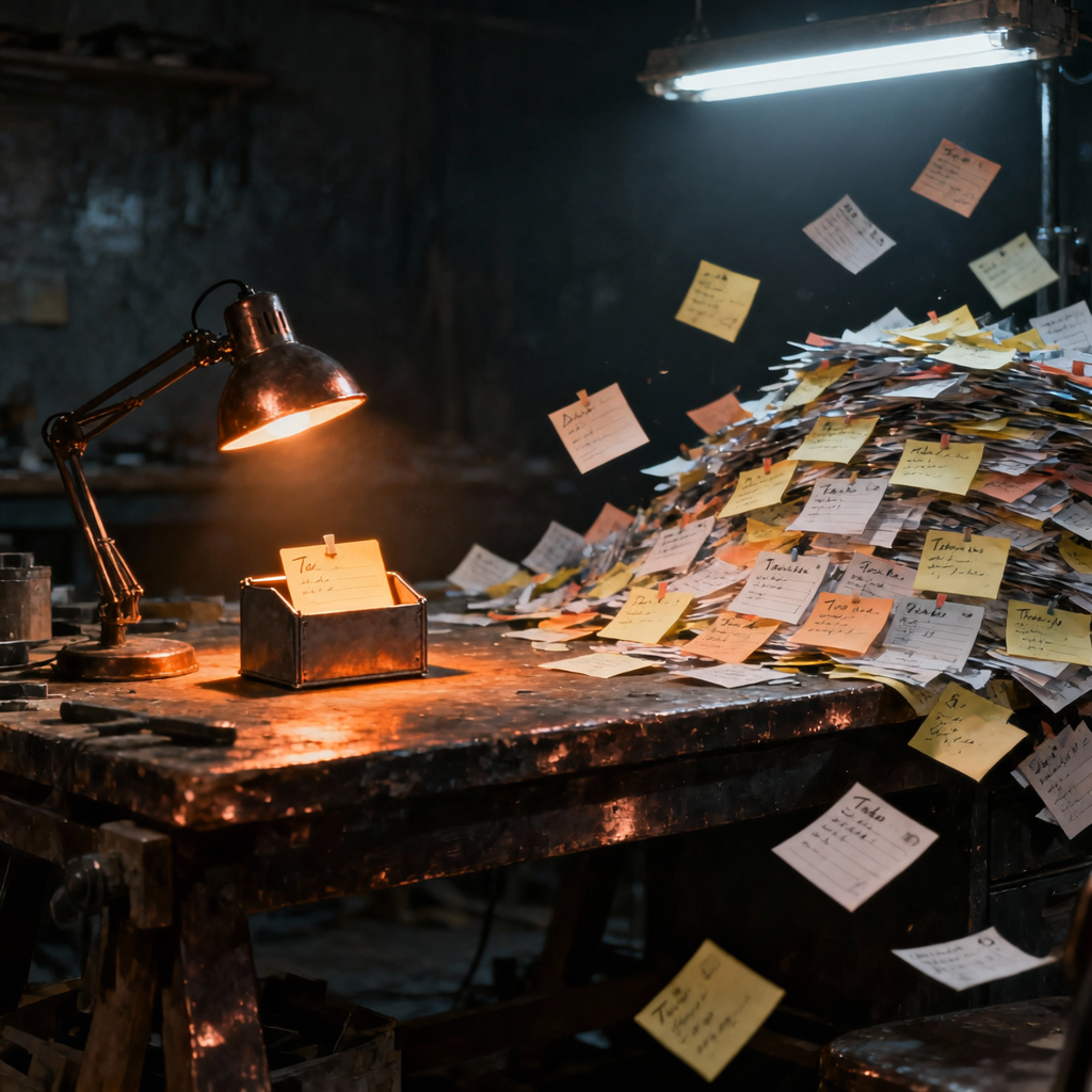 An overfull queue that never drains — the solo builder drowning in AI-accelerated task volume