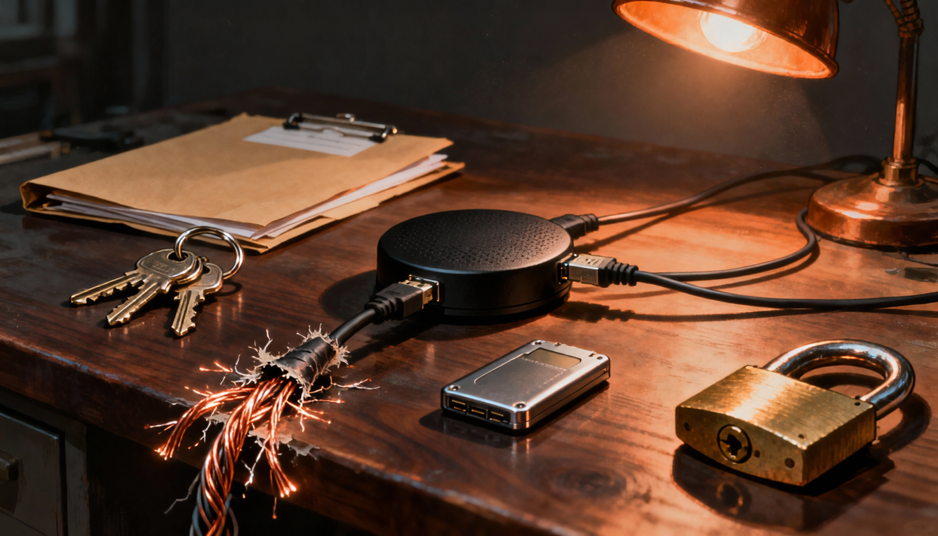 A small cluster of cables plugged into a single hub, one cable visibly frayed, lit in warm amber light