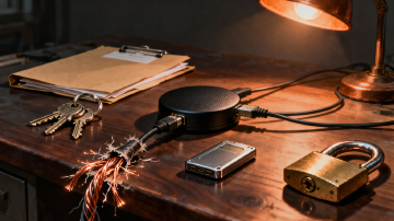 A small cluster of cables plugged into a single hub, one cable visibly frayed, lit in warm amber light