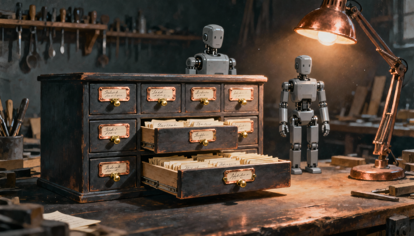 A small cabinet of index cards and rules glowing amber, with a generic robot model behind it fading into shadow