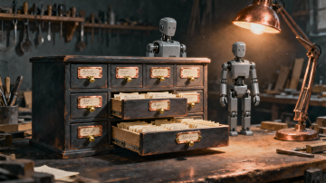 A small cabinet of index cards and rules glowing amber, with a generic robot model behind it fading into shadow