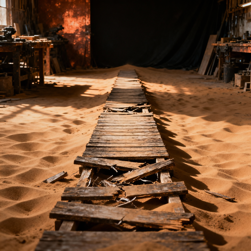 A wooden boardwalk path fading into shifting sand, distribution on unstable ground