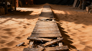 A wooden boardwalk path fading into shifting sand, distribution on unstable ground