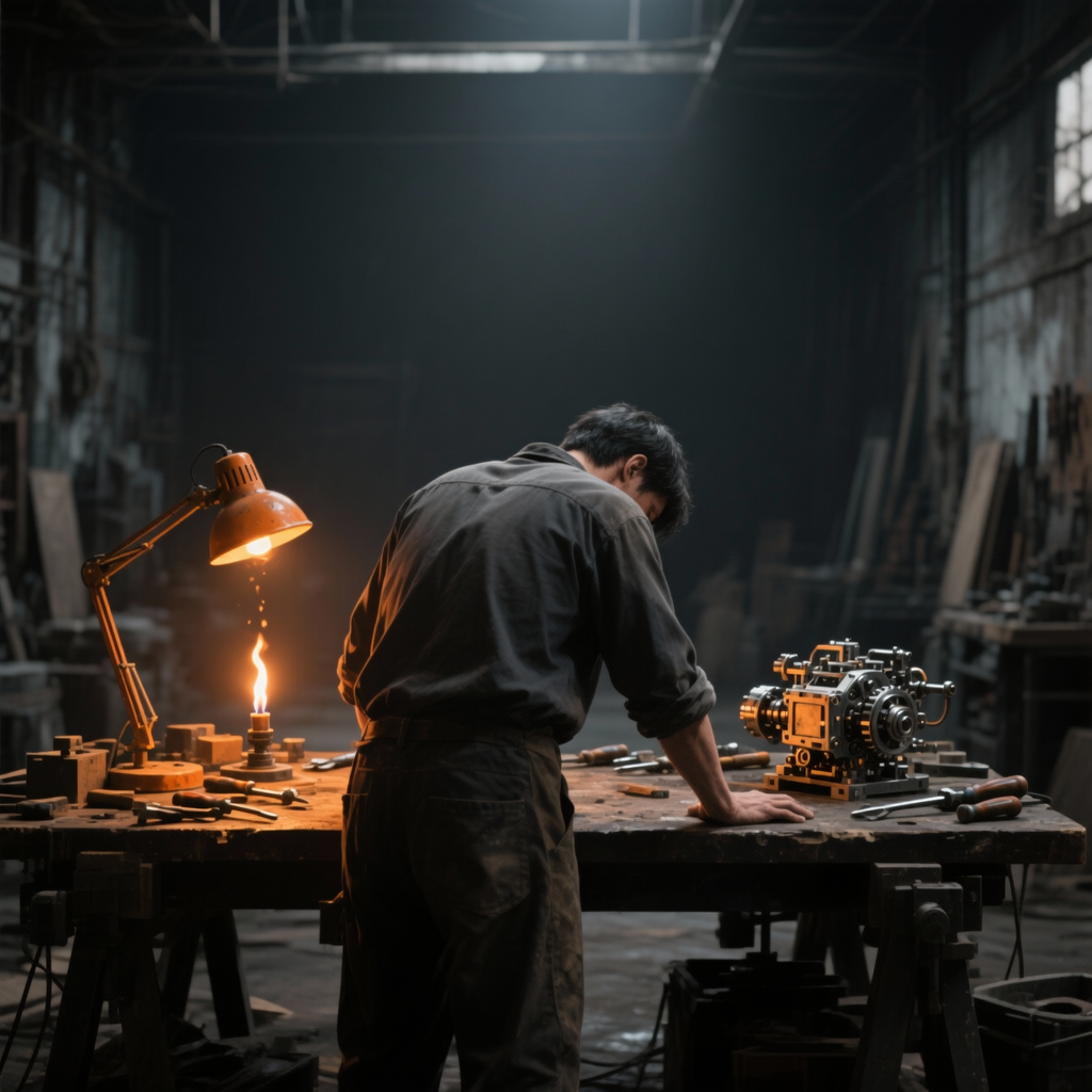 A single builder at a dark workbench, a single lamp guttering low