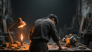 A single builder at a dark workbench, a single lamp guttering low