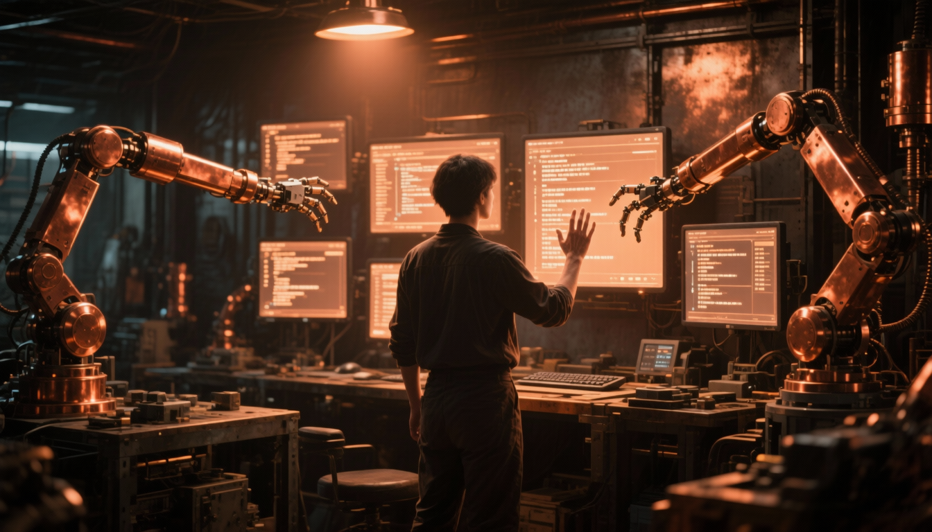 A single person directing several machines, not writing on each one