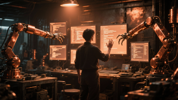 A single person directing several machines, not writing on each one