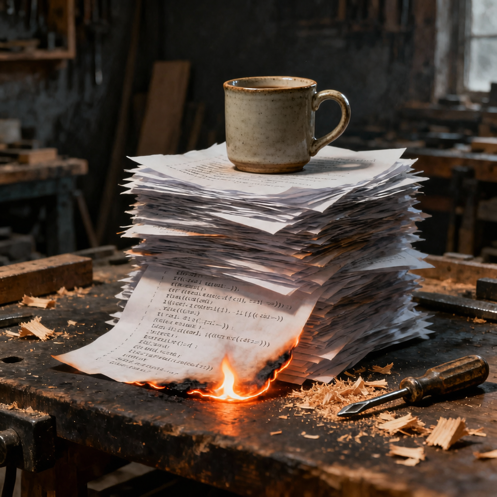 A stack of printed code pages on a dark workbench, one page catching fire