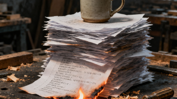 A stack of printed code pages on a dark workbench, one page catching fire