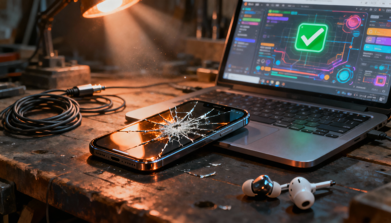 A phone lying on a workbench with a crack running across its screen, next to a glowing simulator on a laptop
