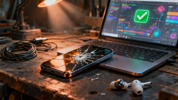 A phone lying on a workbench with a crack running across its screen, next to a glowing simulator on a laptop