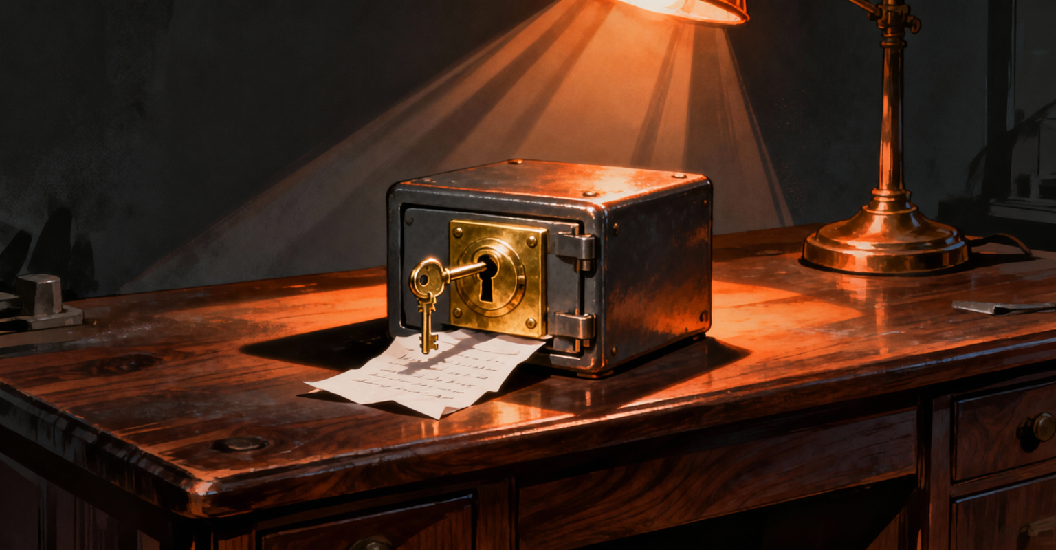 A solid strongbox standing open, with a key still in the lock and a folded note slipped underneath it