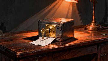 A solid strongbox standing open, with a key still in the lock and a folded note slipped underneath it